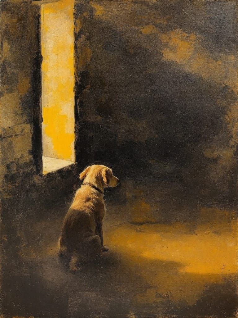 Dog in Sunlit Doorway, American Regionalism Style