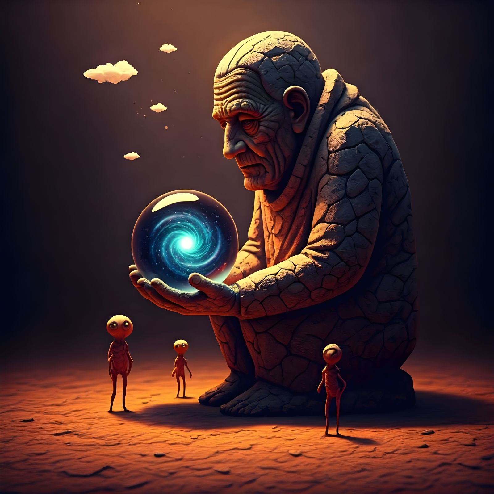 Clay Statue Holding Galaxy Sphere, Hyperrealistic Style