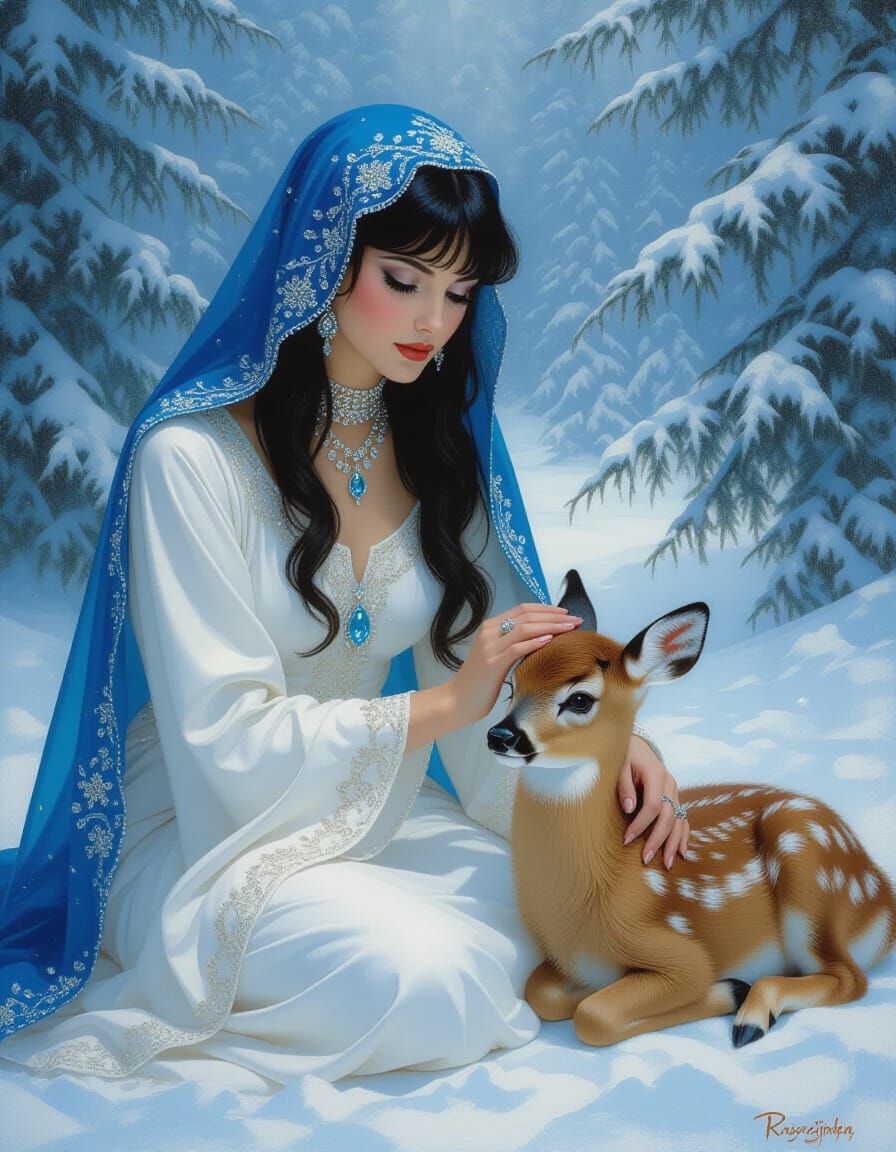 Snow Queen and Fawn in Oil Painting Style