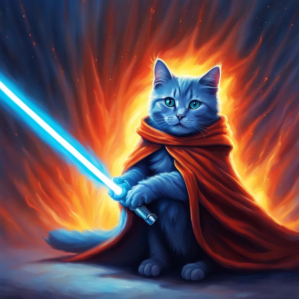 Cat Warrior with Lightsaber in Blue Fire