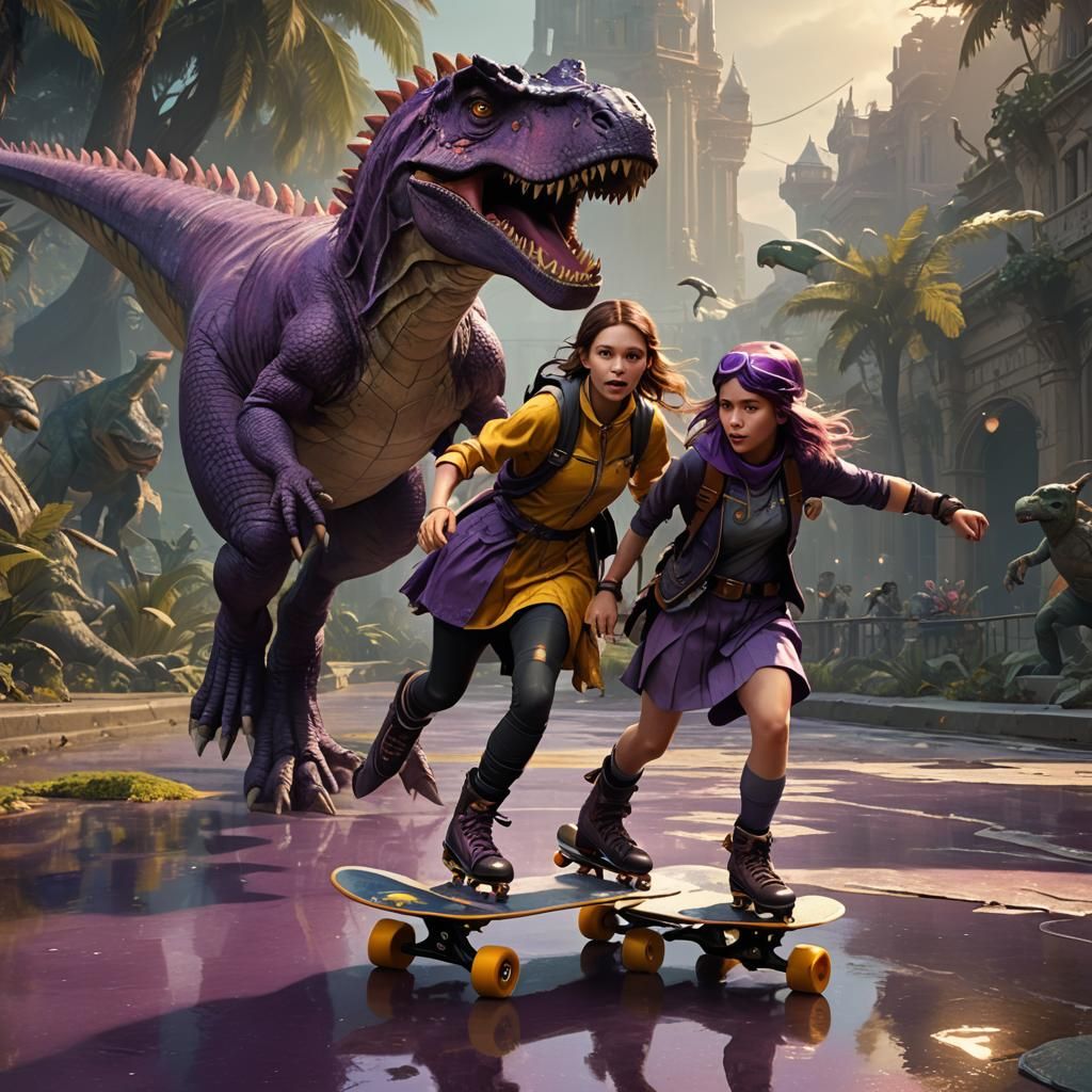 Girls Skating Attacked by Dinosaurs: Dark Fantasy Art