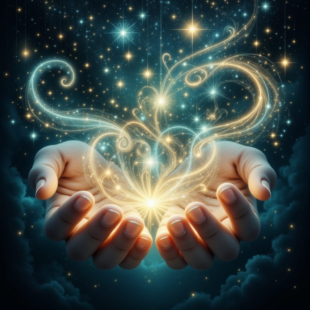 Fantasy Hands Offering Glowing Stardust in Cosmic Vortex
