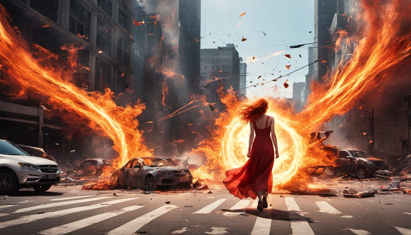 Surreal Cinematic Film Still of Red-Haired Woman in Chaotic ...