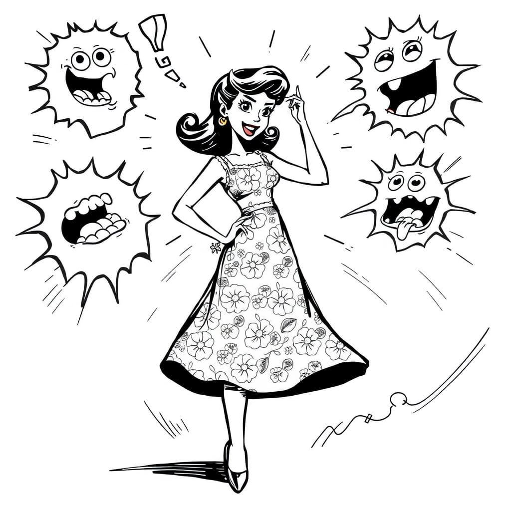 Vintage Cartoon Woman with Onomatopoeia Graphics