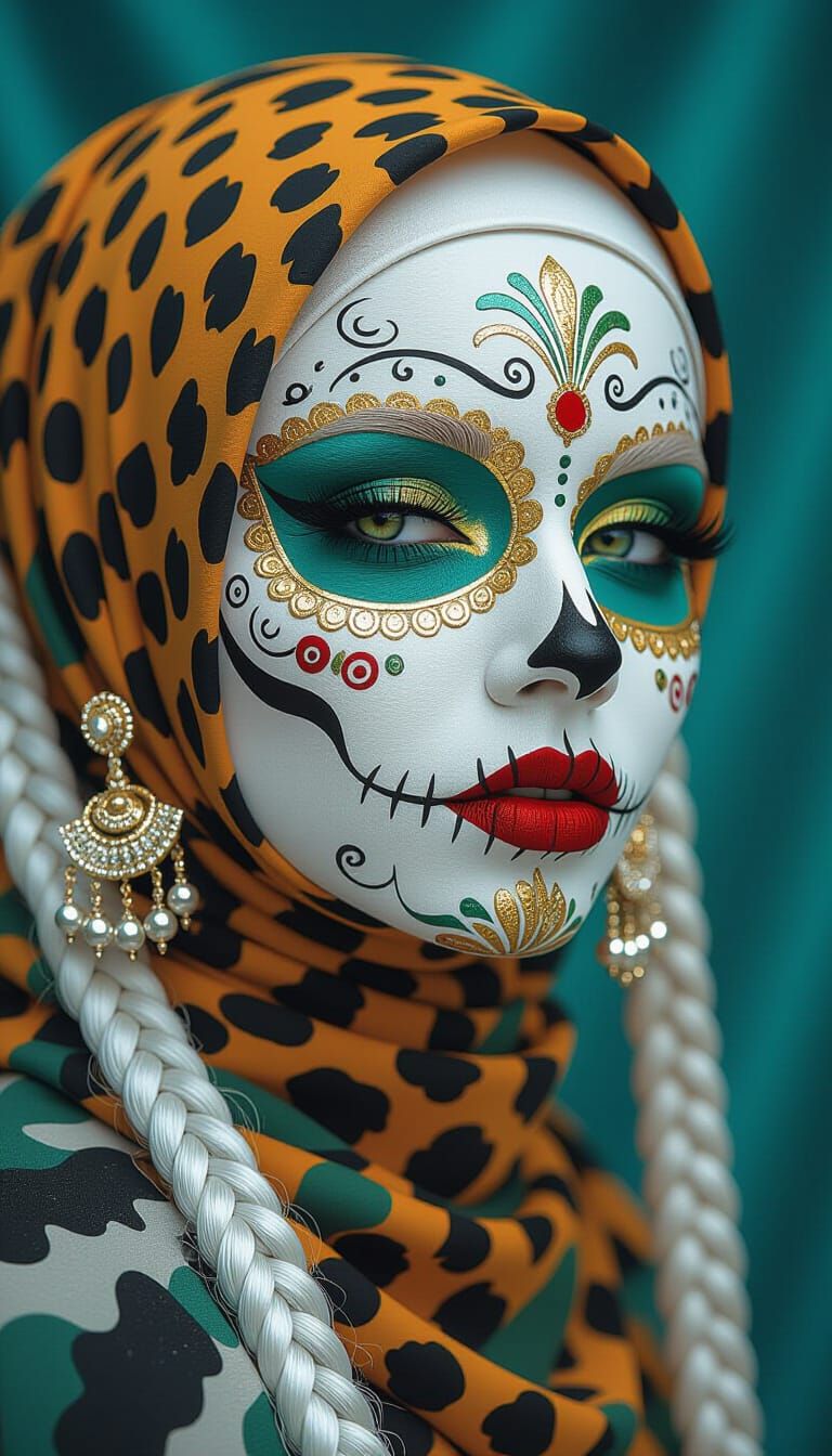 Albino Woman's Face with Sugar Skull Art