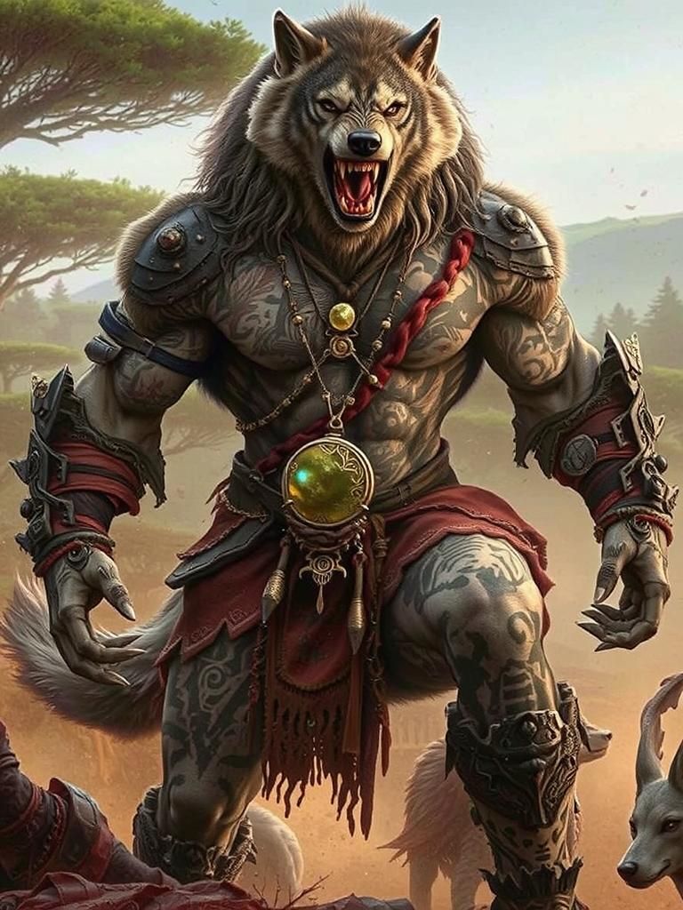 Alaric "Dawnstalker" Bowen, Gamma werewolf  of the Deathrender Wolf Pack with shamanic necklace and bearing tribal tatto...