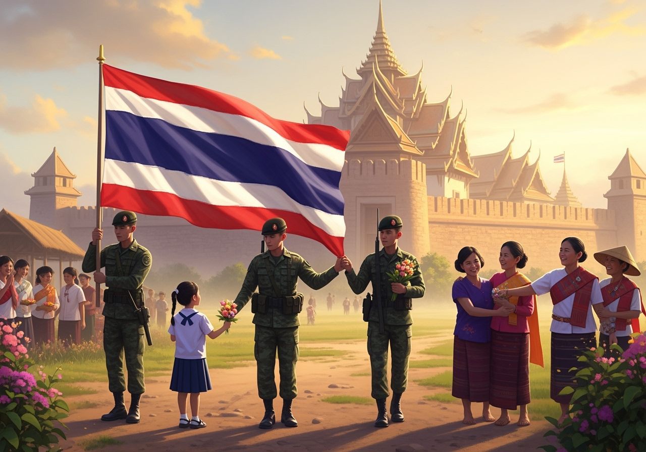 Thai Soldiers with National Flag in Impressionist Style
