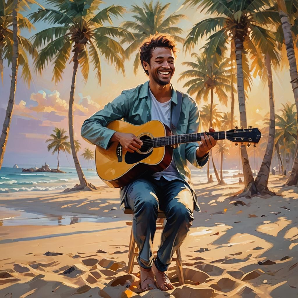 Joyful Musician on Beach: Impressionist Oil Painting
