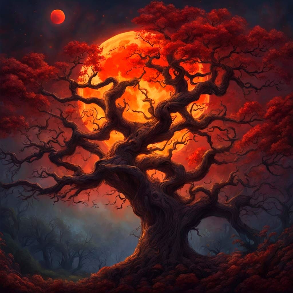 Fantasy Blood Moon Over Gnarled Tree