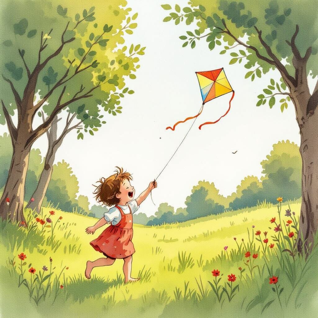 Child Running with Kite in Lush Meadow, Watercolor Illustrat...