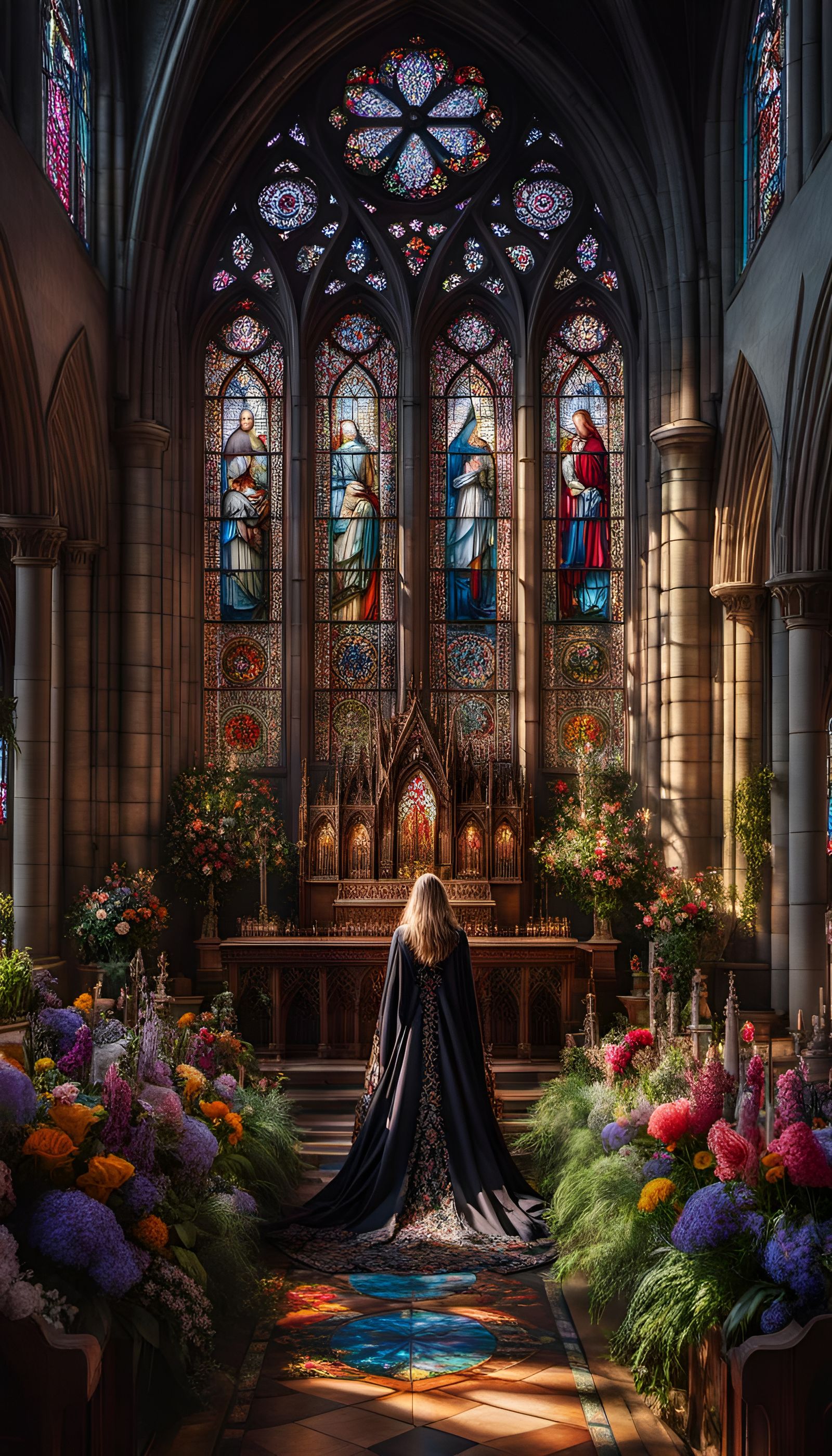 Gothic Cathedral: Stained Glass and Floral Ornamentation