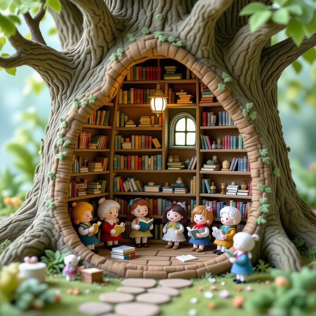 Whimsical Felt Diorama of an Enchanted Tree Library