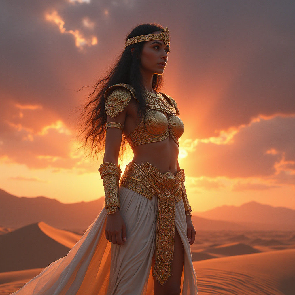 Egyptian Princess Warrior in Desert Sunset