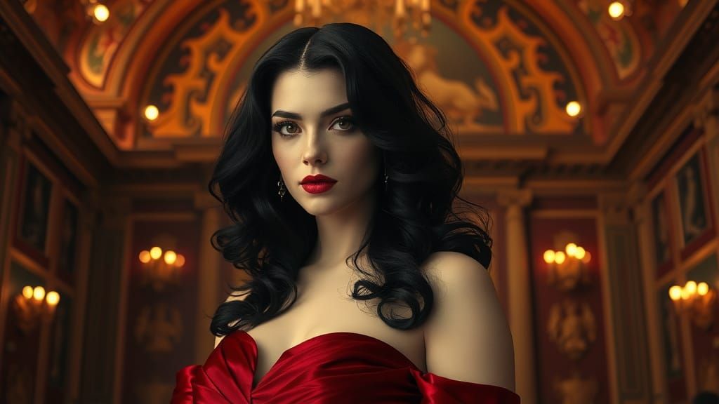 Raven-Haired Beauty in Baroque Setting, Klimt Style