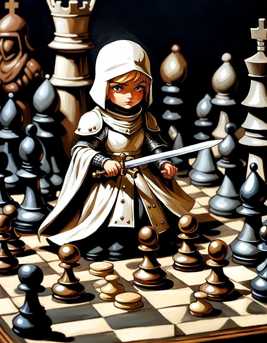 Wounded Pawn-Girl Ready for Attack: Oil Painting