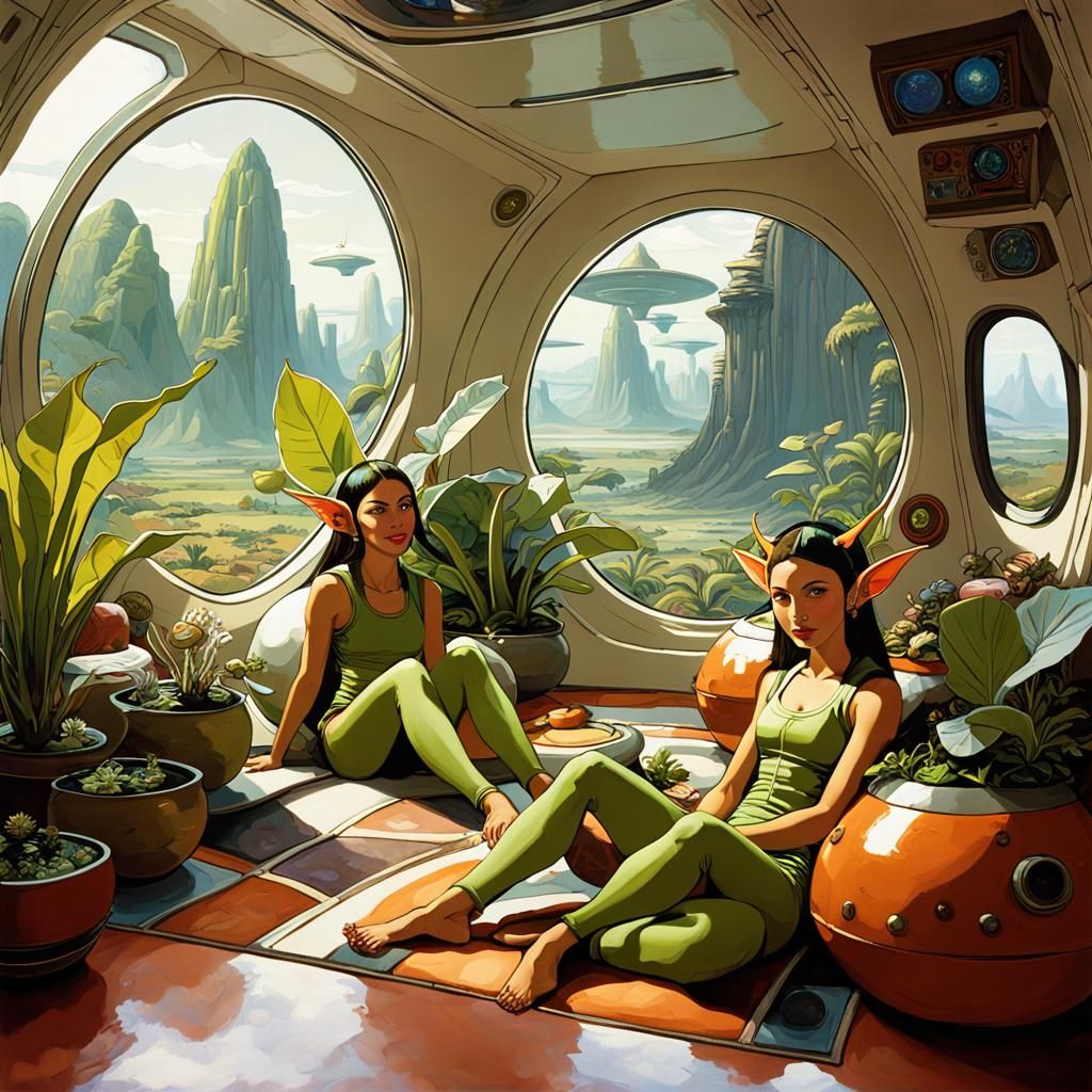Venezuelan Goblins in Spaceship Interior, Art Nouveau Style