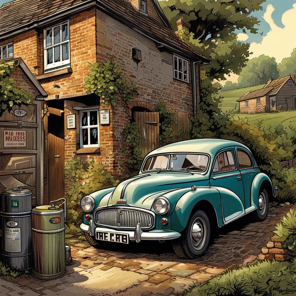 Morris Minor Refuels: Comic Book Art in Countryside