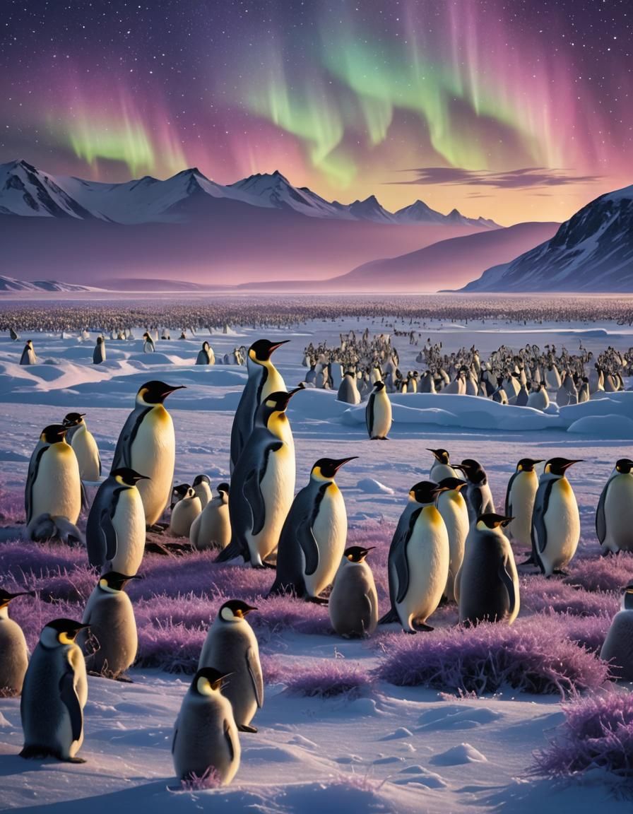 Emperor Penguins Nesting in Aurora-Lit Tundra