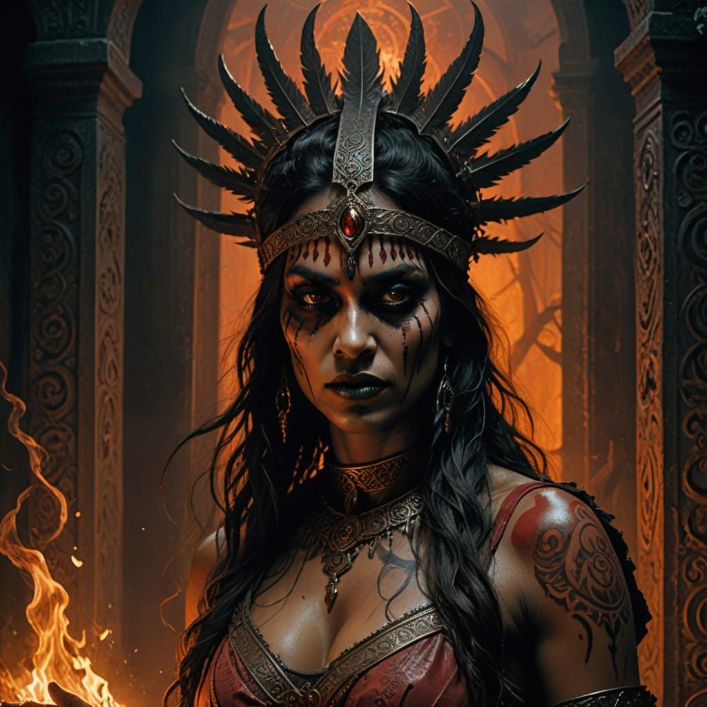 Mystical Indian Ninja Witch in Dark Temple