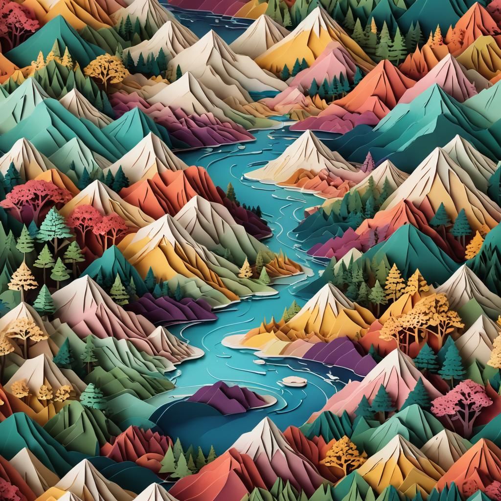 Kirigami Paper Art Mountain River Landscape