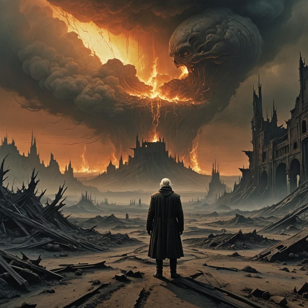 Hobbes in Dystopian Landscape as Dark Fantasy Art