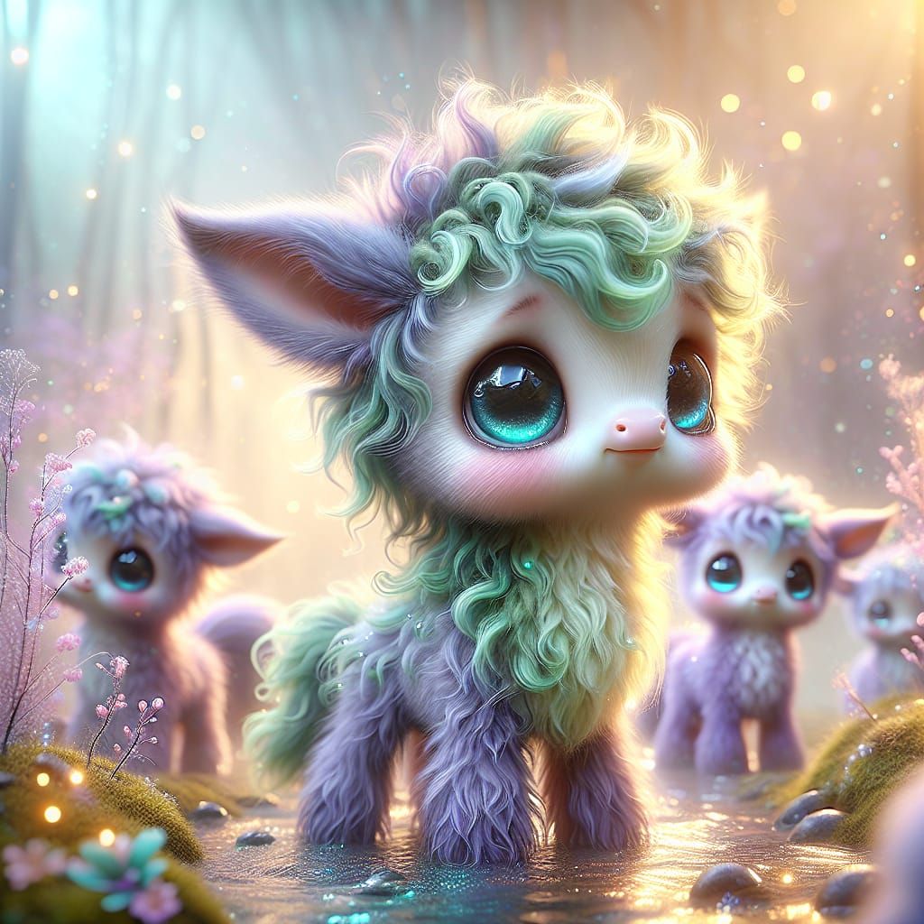Pastel Fantasy Creatures in Enchanted Creek