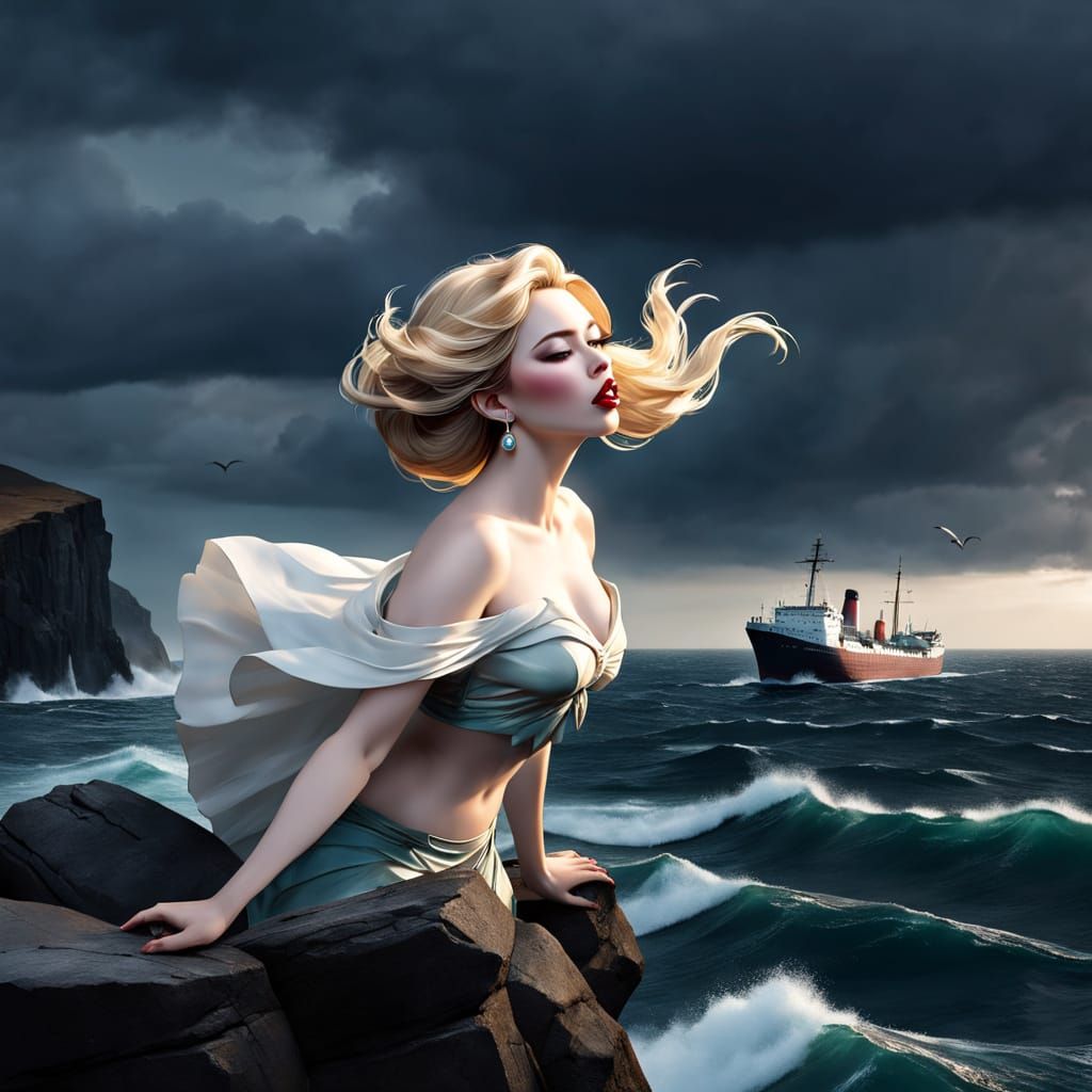 Hyperrealistic Siren Overlooking Stormy Sea