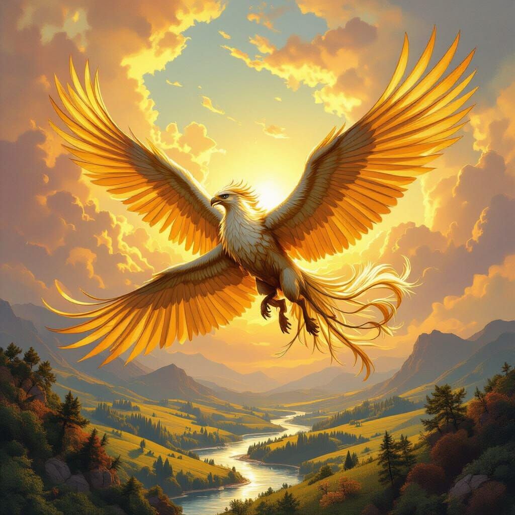 Griffin Soaring Through Sunlit Sky in Fantasy Art Style