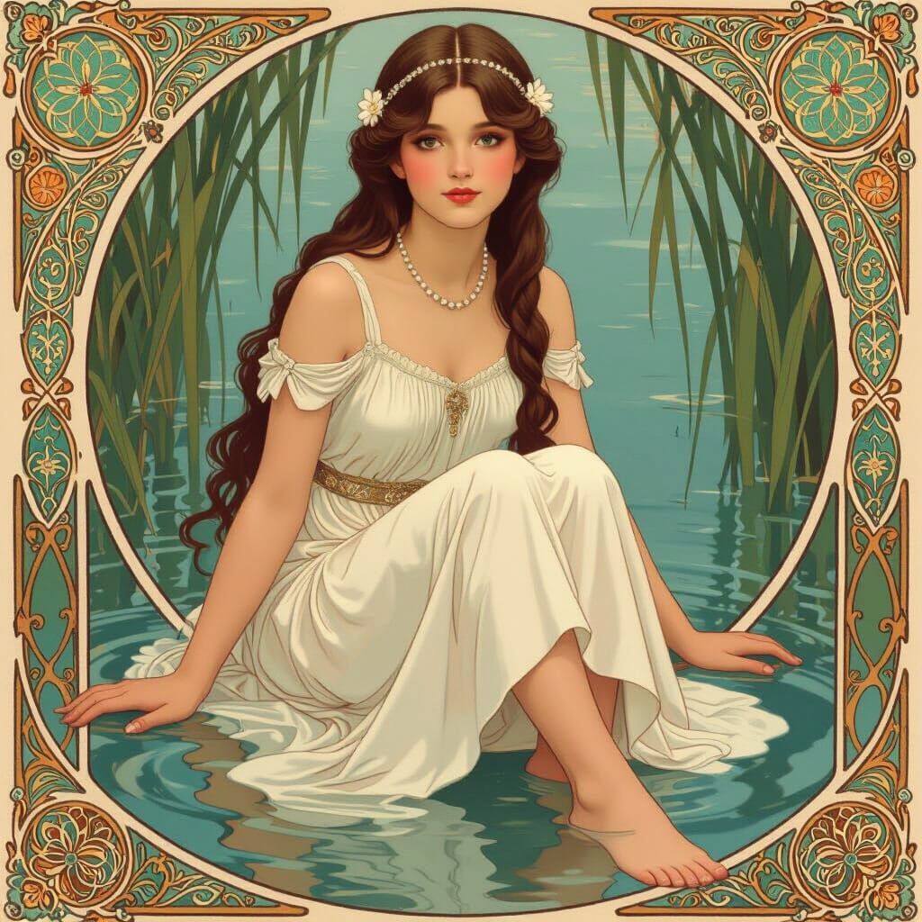 Girl with Bare Feet in Water, Art Nouveau Style