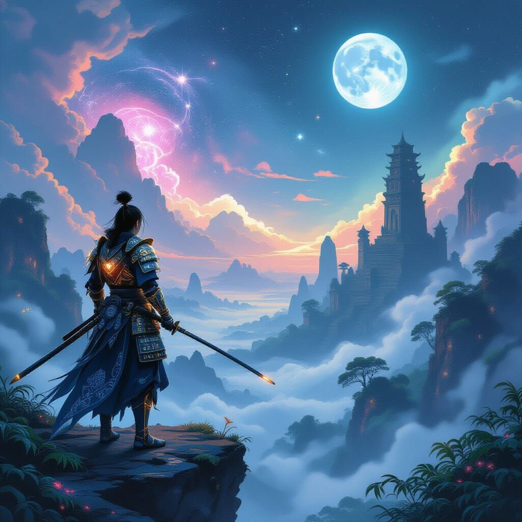 Samurai on Precipice Overlooking Alien Jungle Under Nebula S...