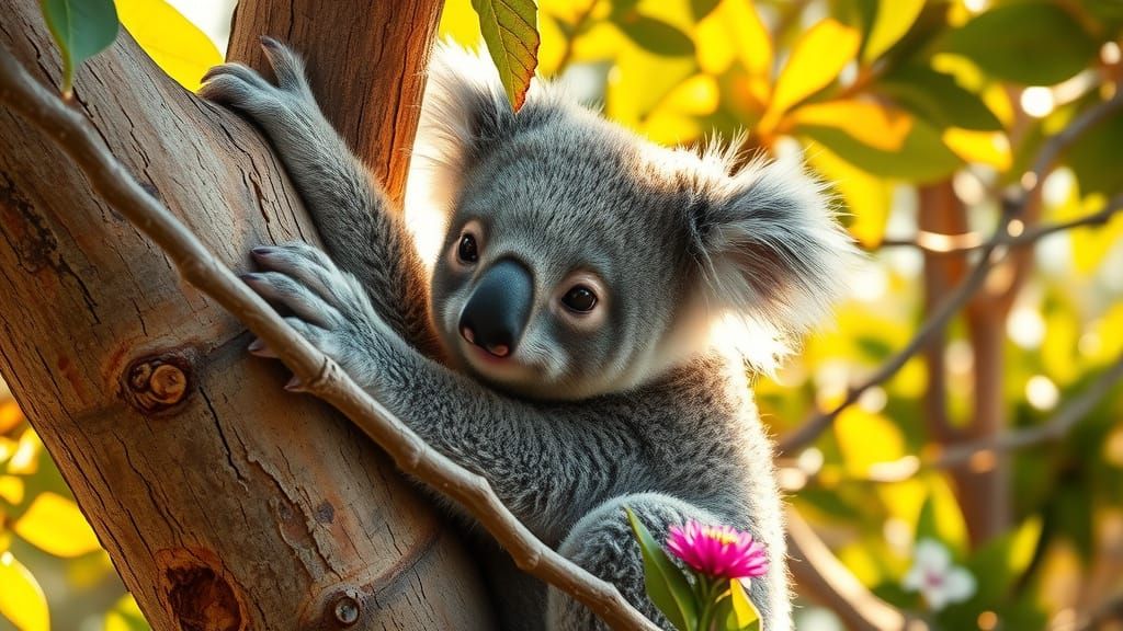 Young Koala Climbs Down Eucalyptus Branch in Warm Australian...