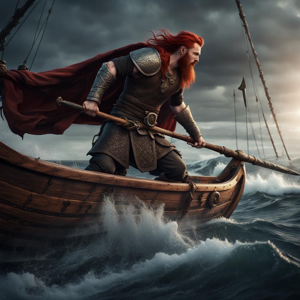 Viking Warrior on Choppy Sea: Detailed Matte Painting