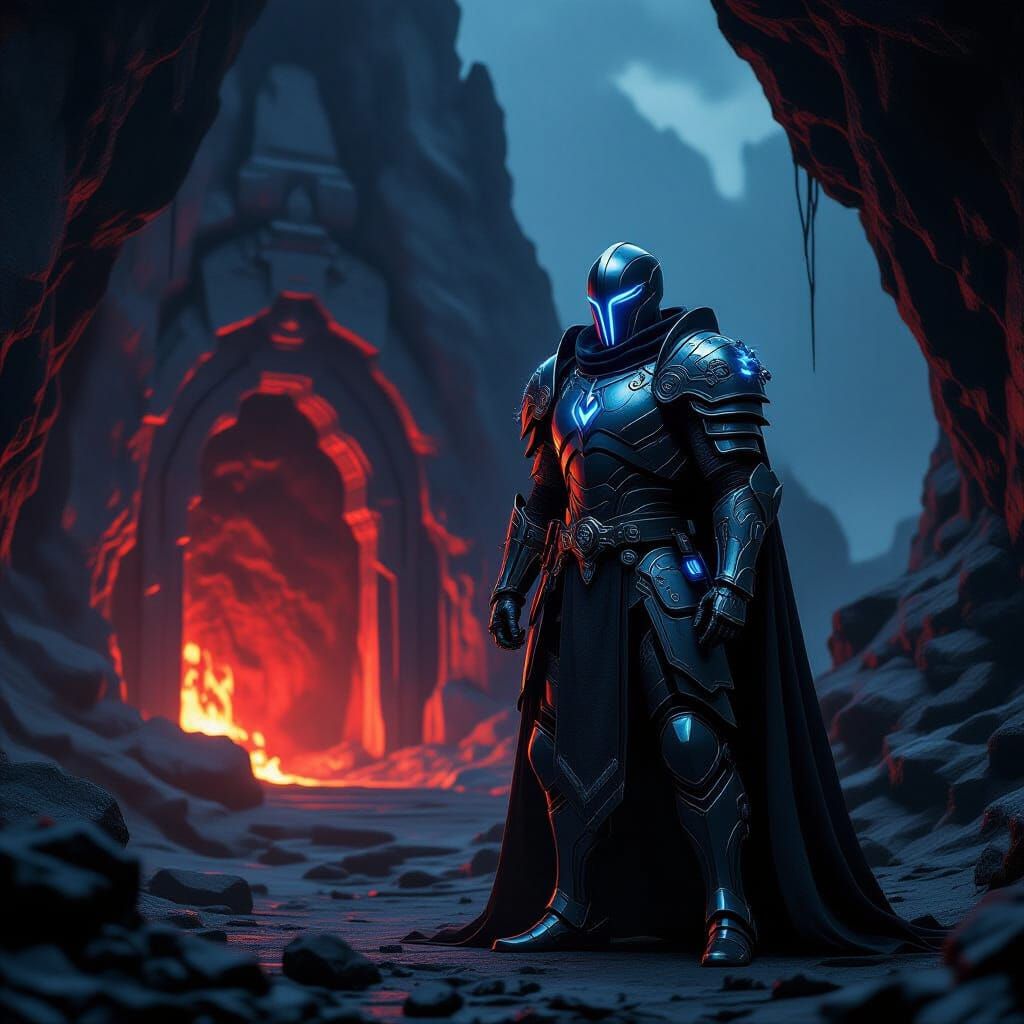 Knight in High-Tech Armor at Volcanic Lair Entrance