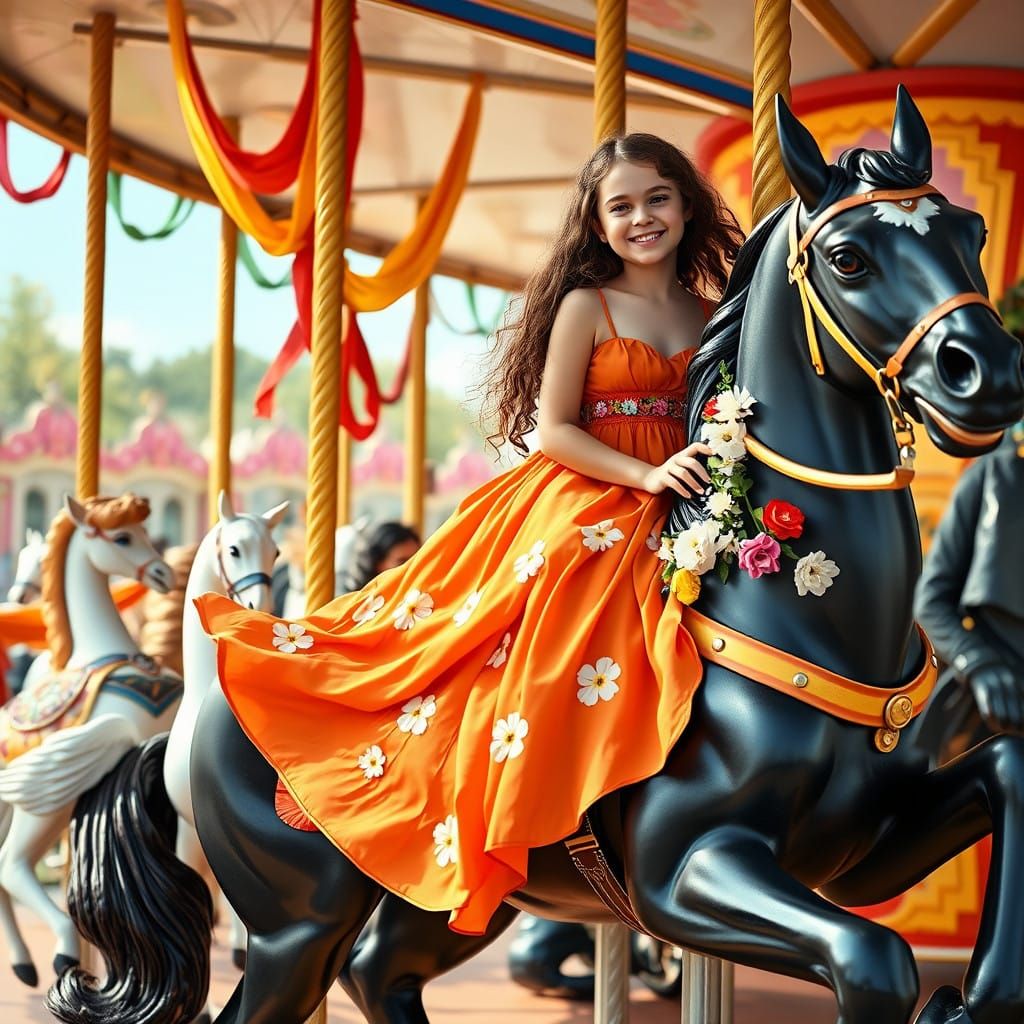 Enchanting Carousel Scene with Elegant Girl and Majestic Hor...