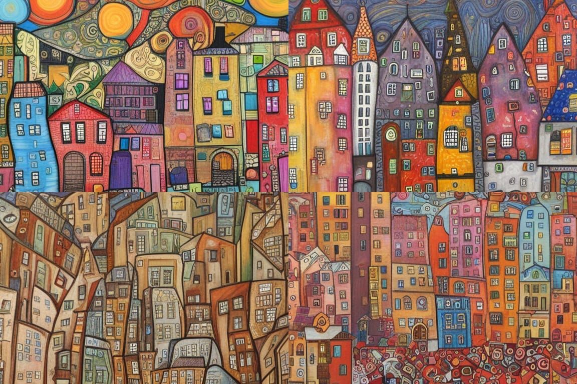 Colorful Abandoned City Buildings in Mixed Media Style