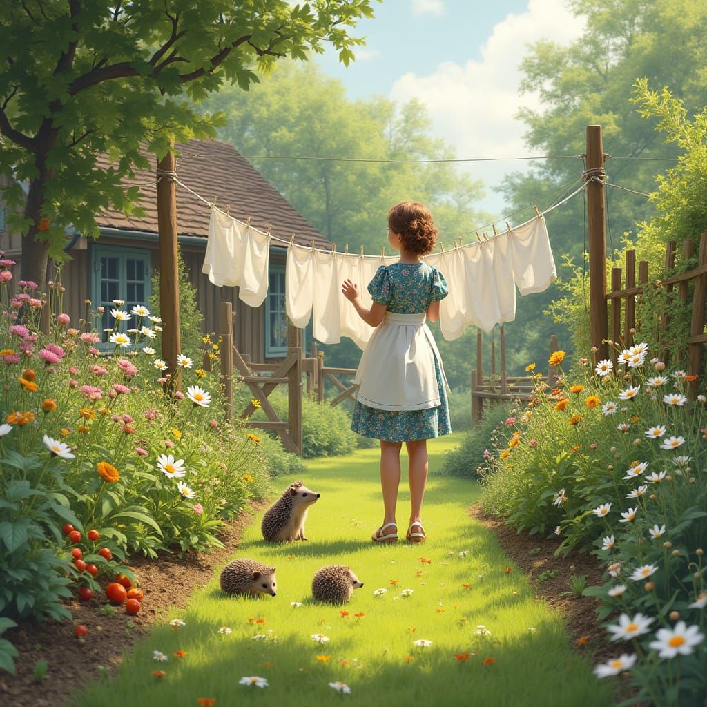 Serene English Countryside Garden Scene in Whimsical Waterco...