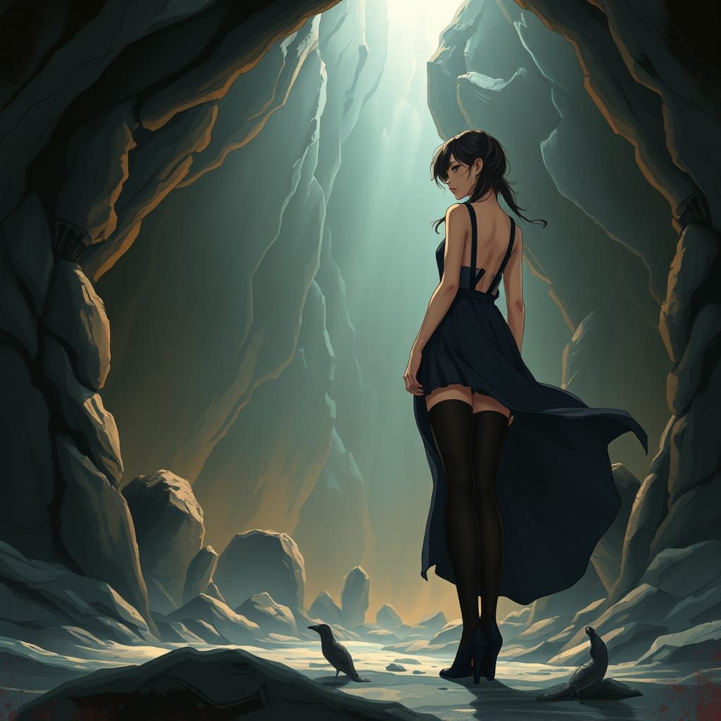 Tall Anime Goddess Stands at Cave Entrance