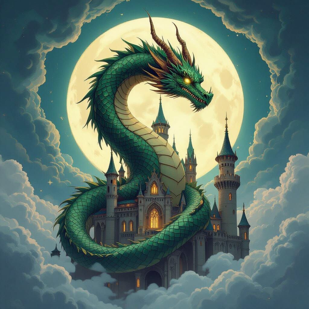 Dragon Protects Castle Under Moon, Art Nouveau Style