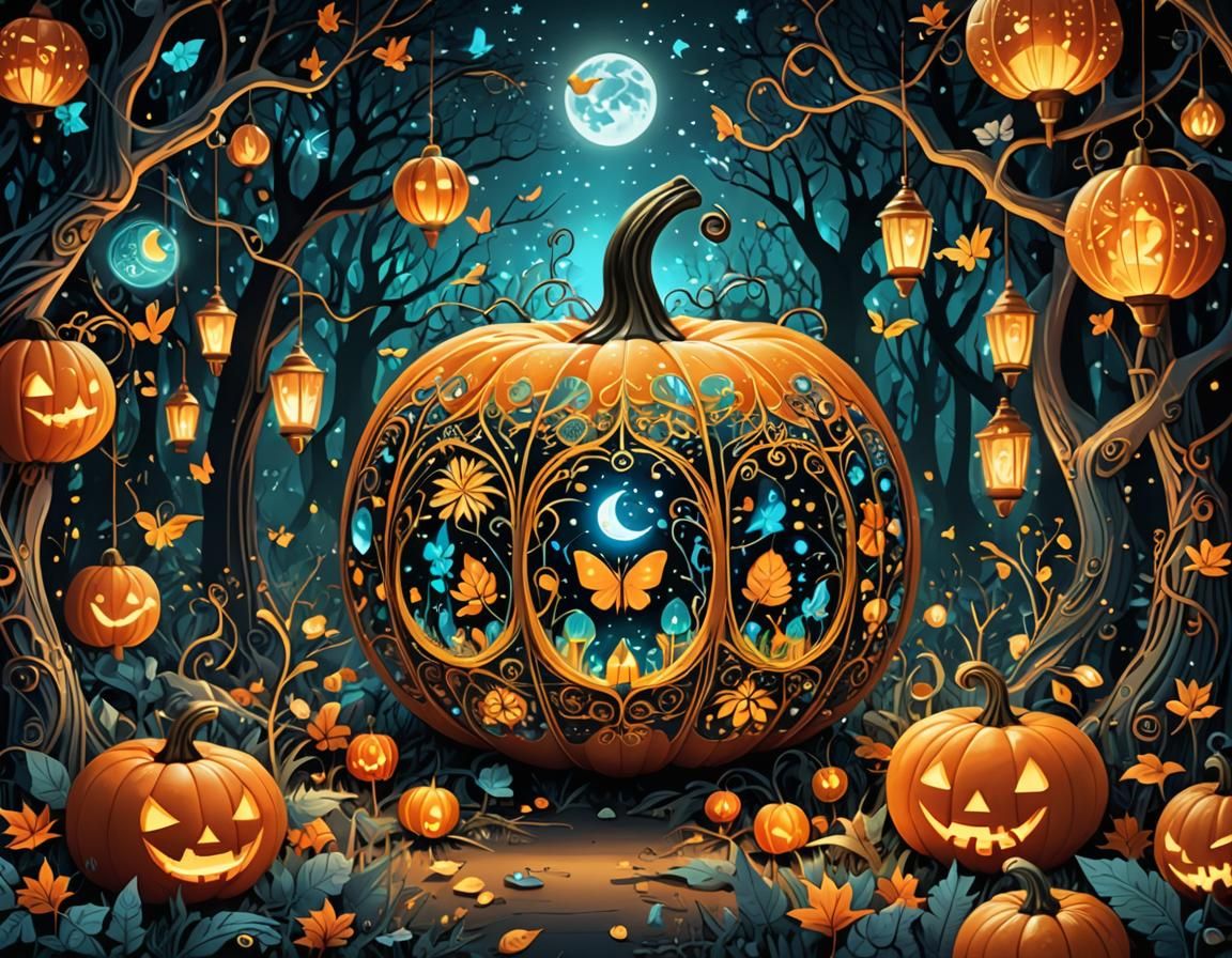 Magical Forest Creatures Celebrate Halloween, Digital Art