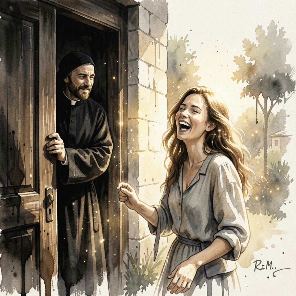 Priest Peeking From Shadows, Woman Laughing in Sunshine