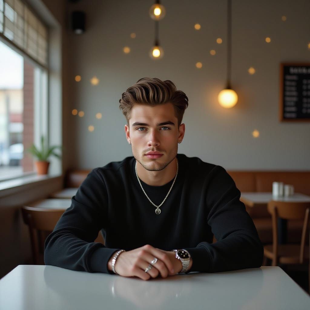 Grunge Aesthetic Man in Minimalist Cafe