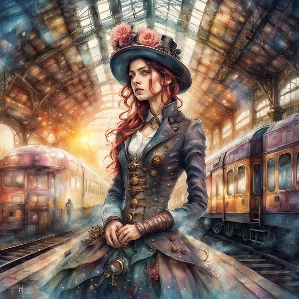Beautiful Woman in a steampunk train station