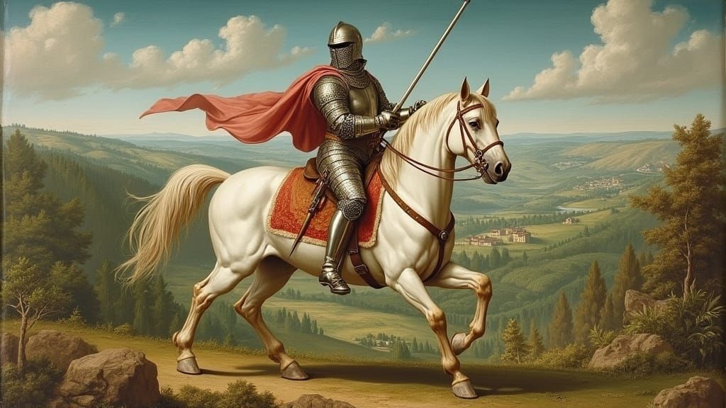 White Knight Rides Through Renaissance Landscape