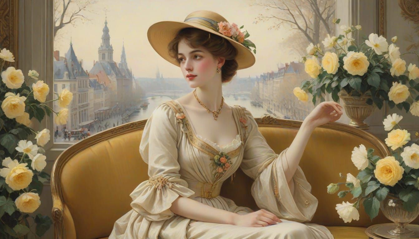 Elegant Woman in Velvety Splendor, Oil Painting, Early 20th-...