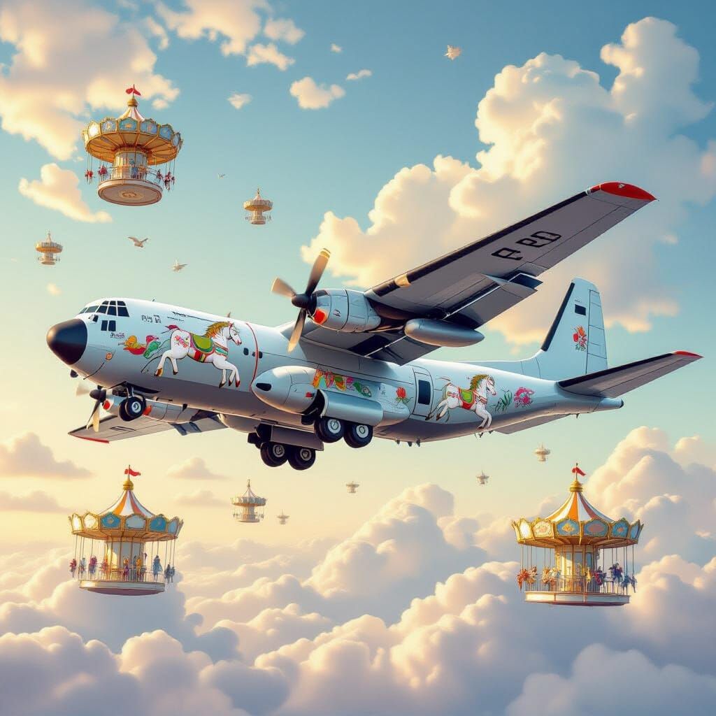 Whimsical C-130 Plane with Carousel Horses in Fantasy Art St...