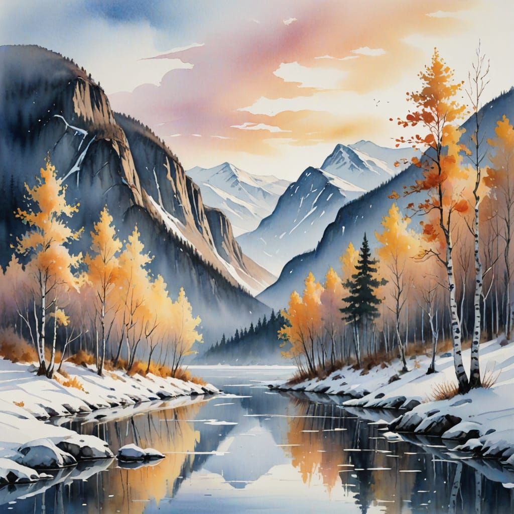 Watercolor Dawn Over Snow-Covered Norwegian Fjords