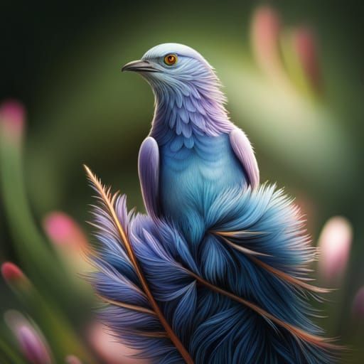 Cute Blue Bird with Fractal Flowers in Pixel Art