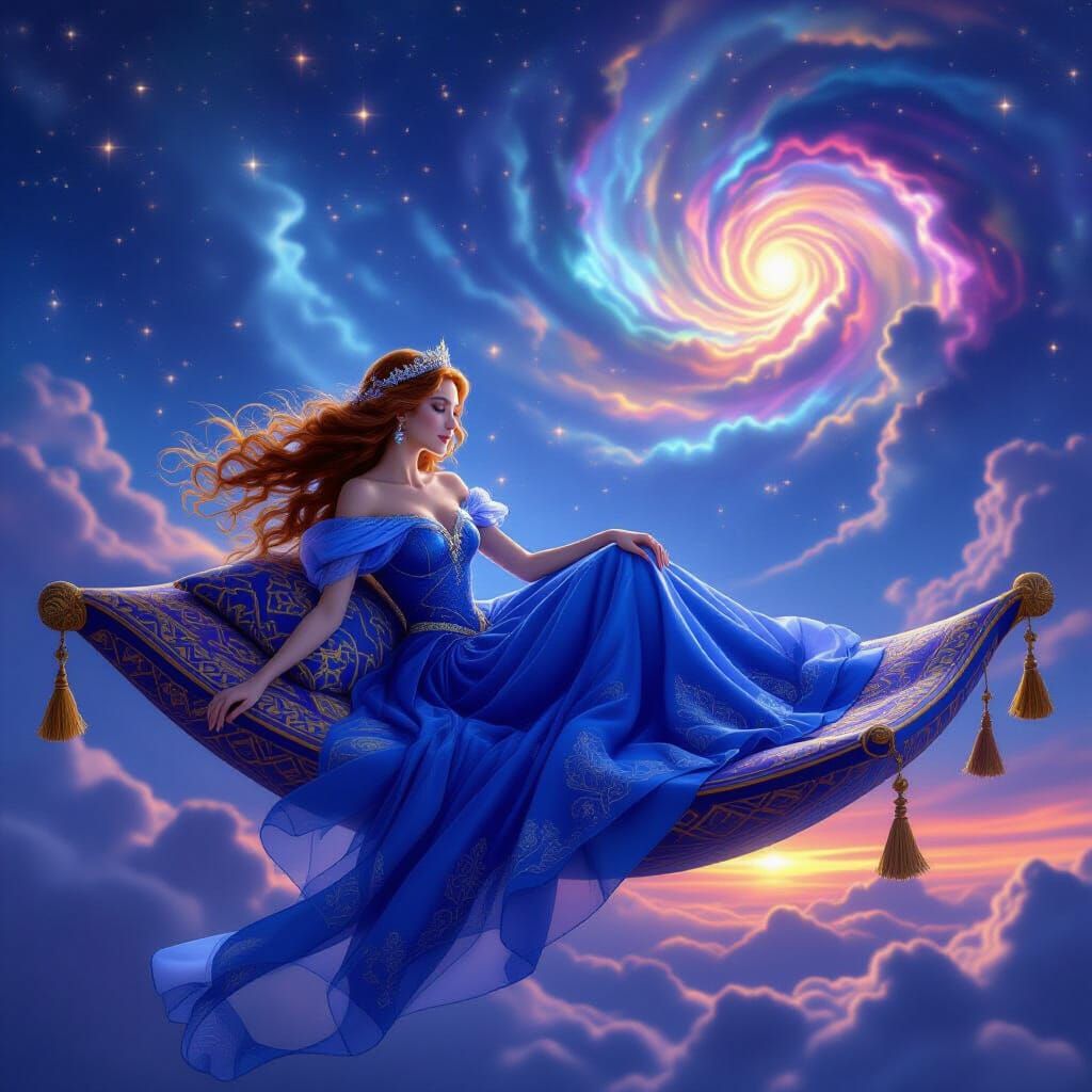 Princess Flying Magic Carpet Through Nebula Sky