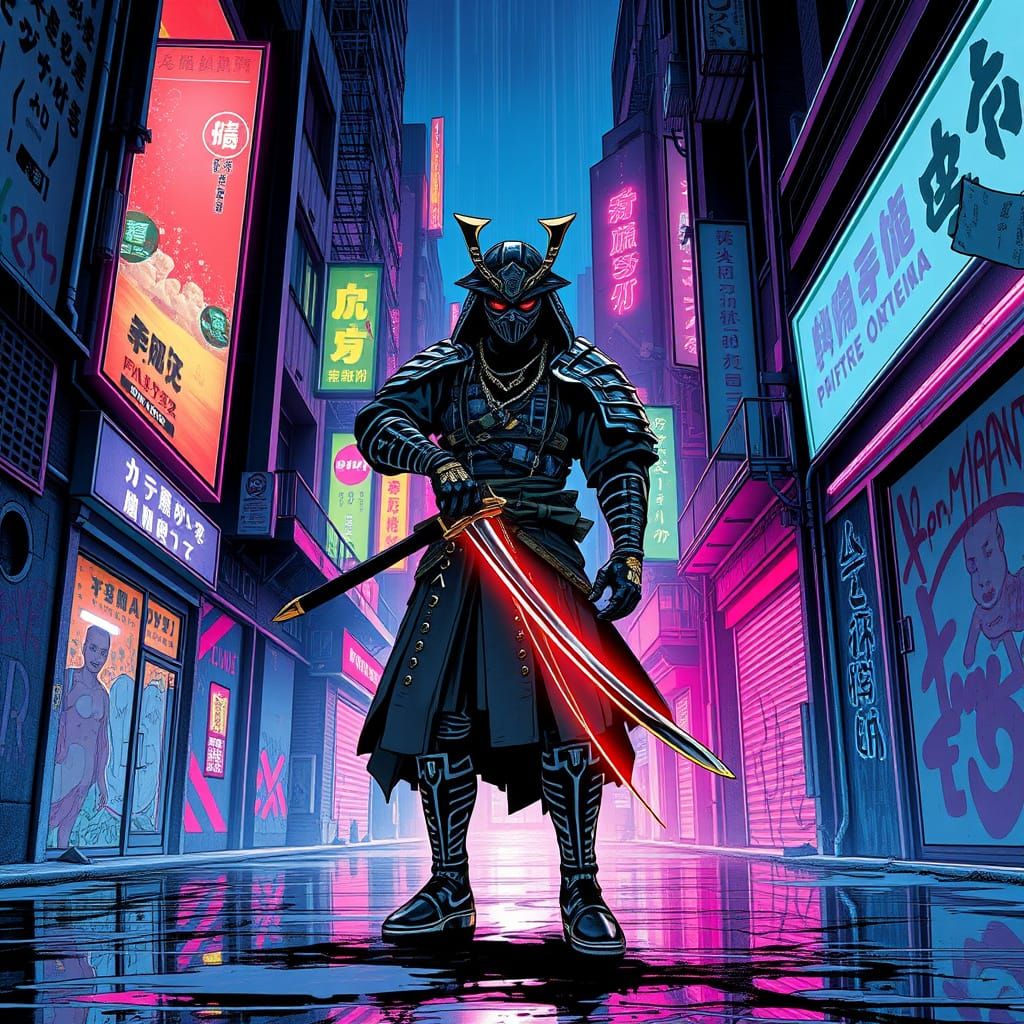 A cyberpunk samurai stands defiantly in a neon-lit alleyway, his katana gleaming in the darkness. The surrounding buildi...