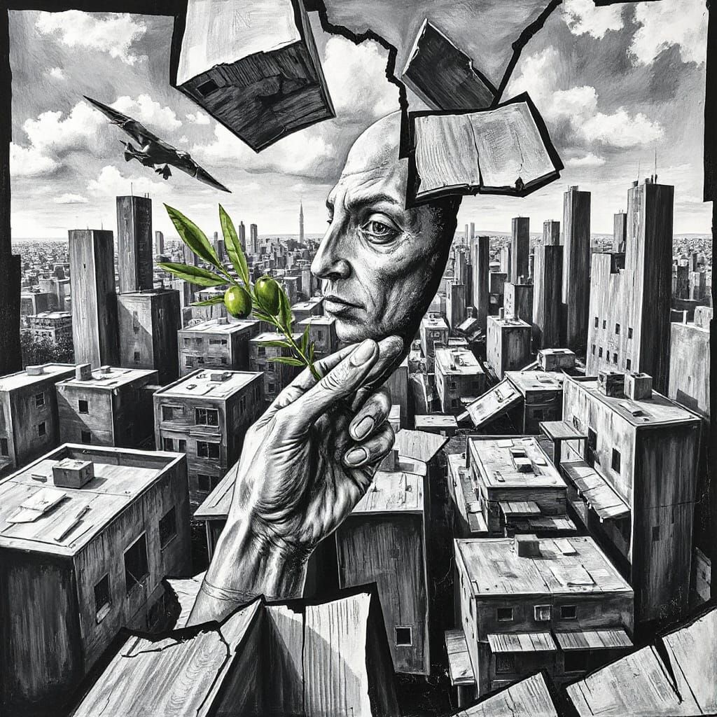 War-Torn Cityscape in Fragmented Cubist Perspective